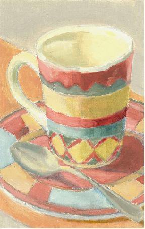 Oil painting of a cup with a spoon on a plate