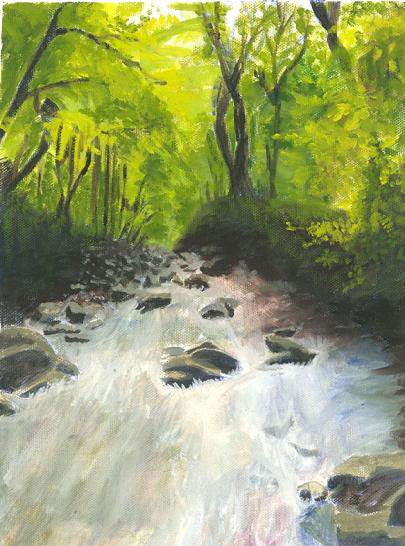 Calm River view oil painting of the Smoky Mountains