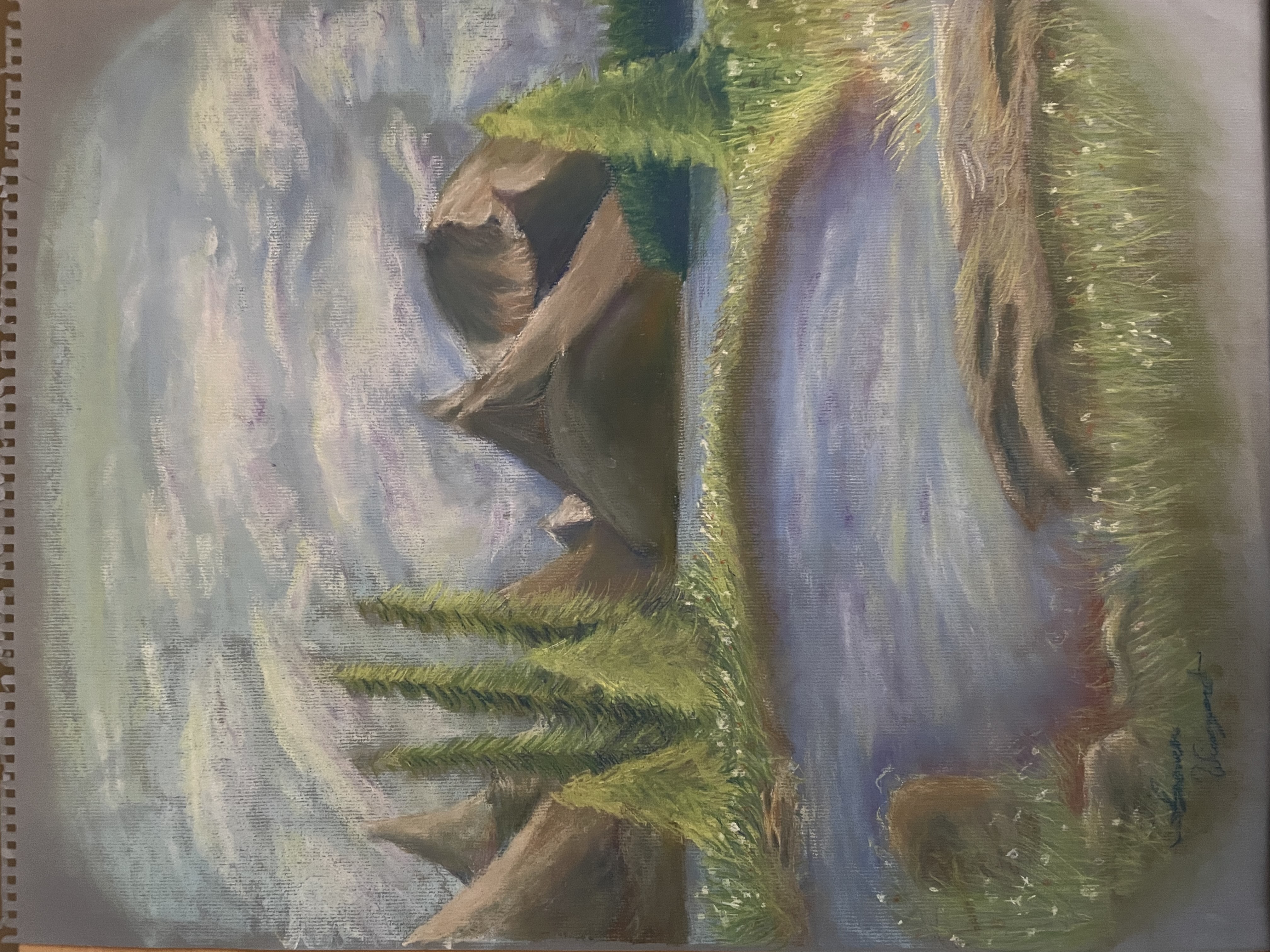 Chalk art with a pond and mountains in the background in a colorful fantasy style