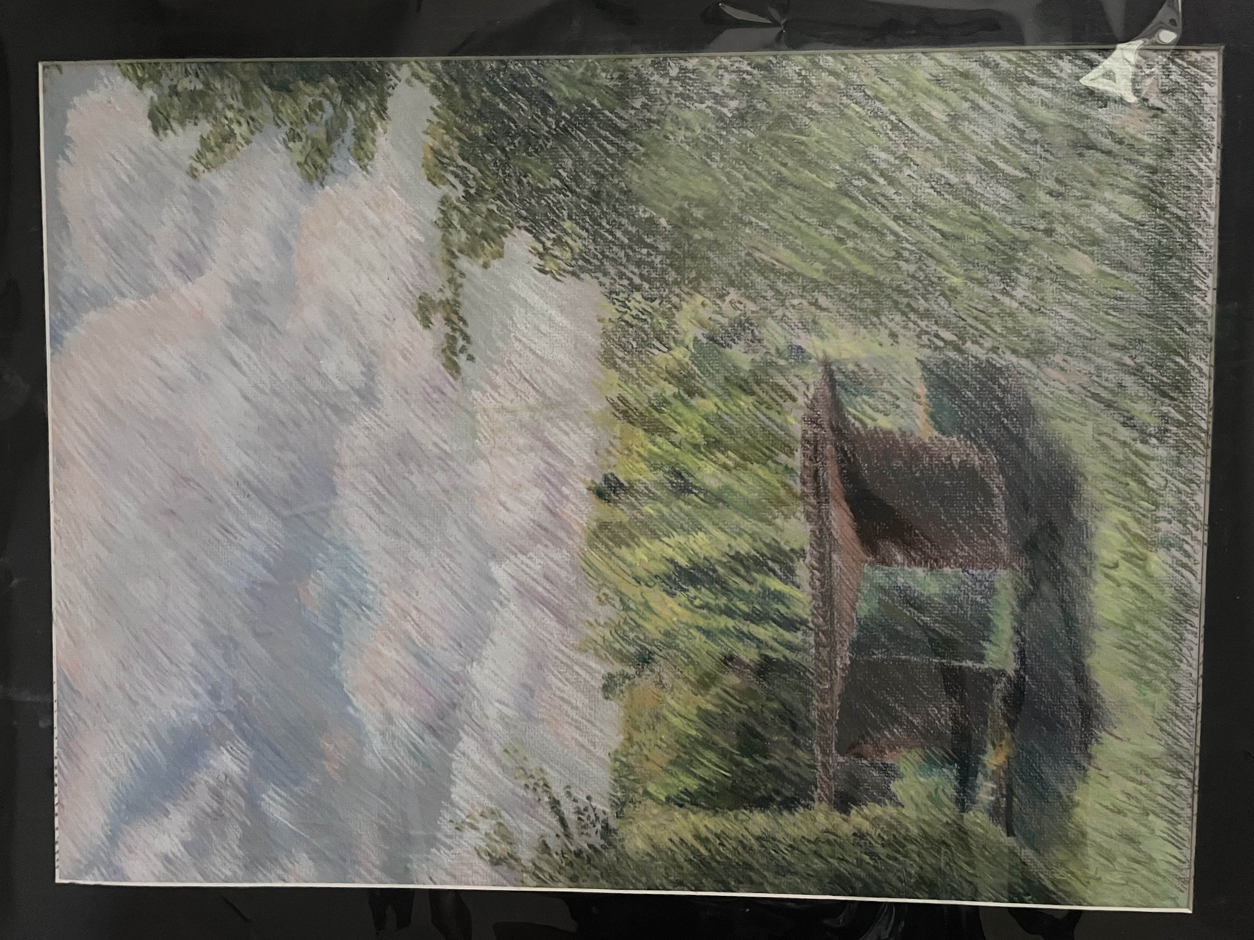 Lined colored pencil drawing of a shed in a field